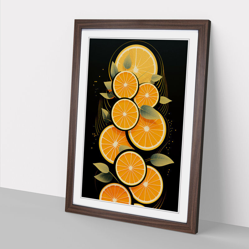 Sliced Orange Art Deco - Single Picture Frame Print on Wood, 64cm H x 46cm W x 2cm D, Walnut Framed
