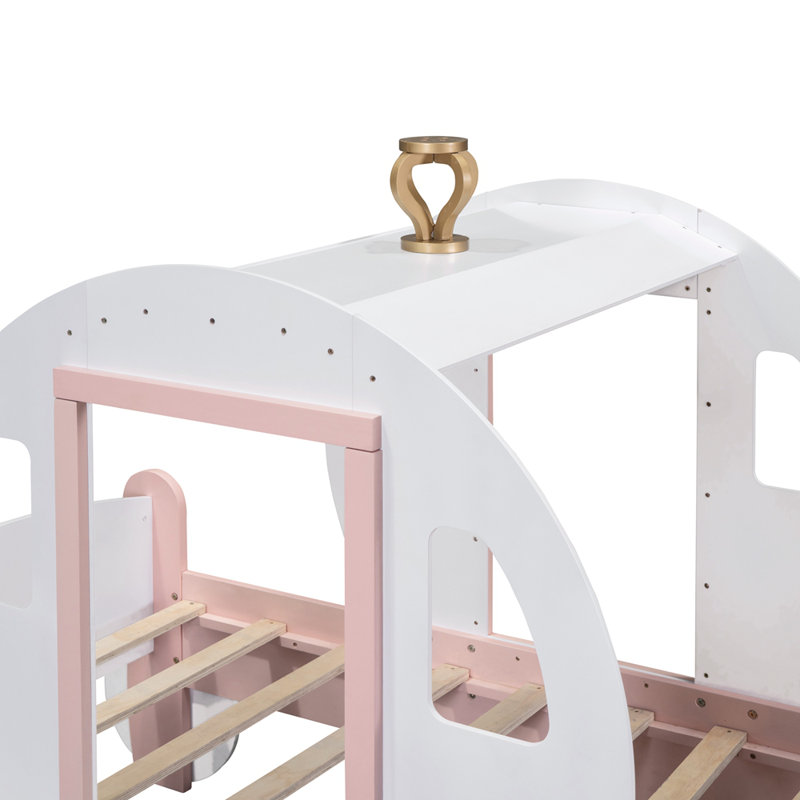 Lit voiture simple avec couronne et lit plateforme en bois avec escalier, Rose blanc