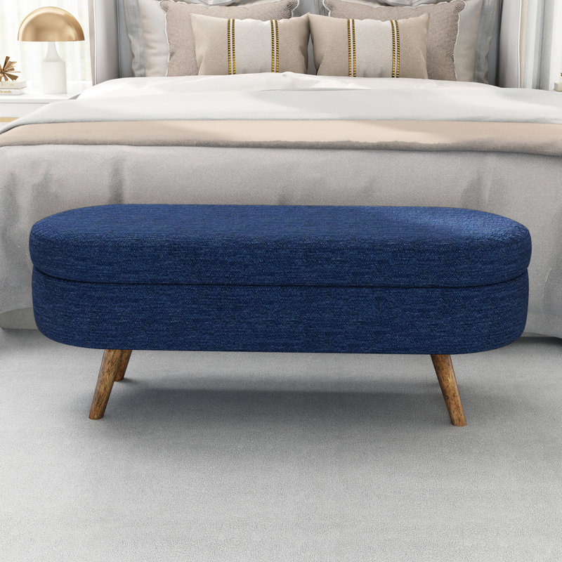 Banc de rangement ovale bleu 43,5 po x 16 po x 16 po, pieds en bois d'hévéa, repose-pieds et siège alternatifs, espace, assemblage simple, ornement en tissu plissé, - Matériau avec housse, ou fonction, caractéristique, rapide