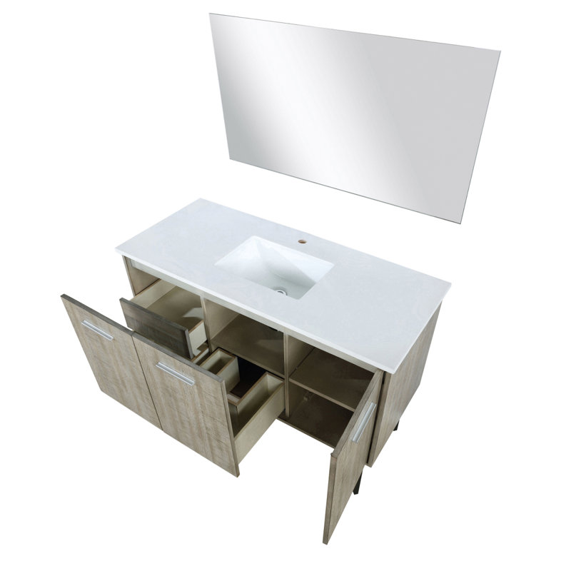 Meuble-lavabo rustique en acacia l 48 po x P 20 po, plateau en marbre de culture et miroir 43 po