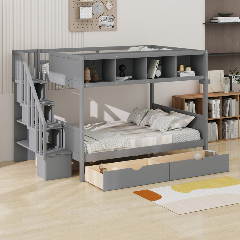 Harriet Bee Bunk Bed With Shelfs, Storage Staircase And 2 Drawers ...