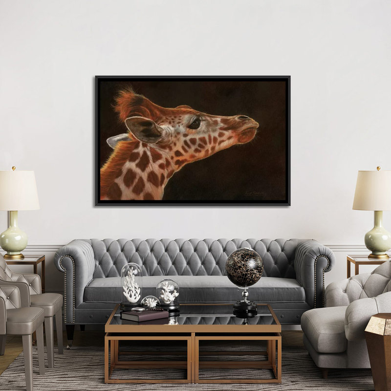 « giraffe portrait i », impression sur toile, H 18 po x l 26 po x P 1,5 po, Toile avec cadre noir, Pas de tapis