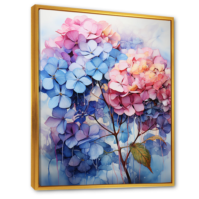 Hortensias en fleurs mauves, H 32 po x l 24 po x P 1 po, Cadre flottant doré