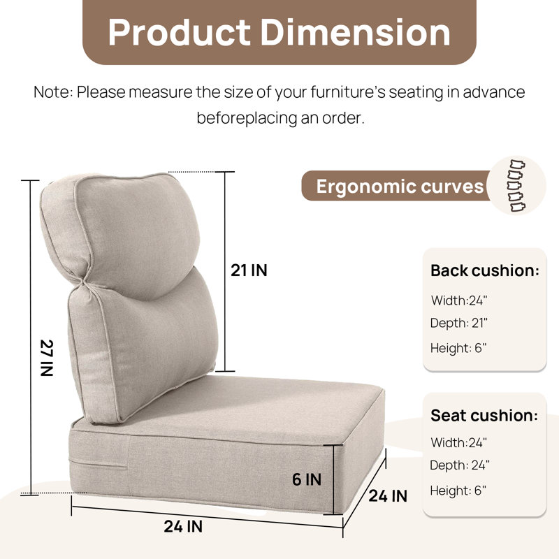 Outdoor Deep Seat Chair Cushions, 6In Thick Patio Furniture Replacement Cushions For Wicker Rattan, Water Resistant Sofa Cushions
