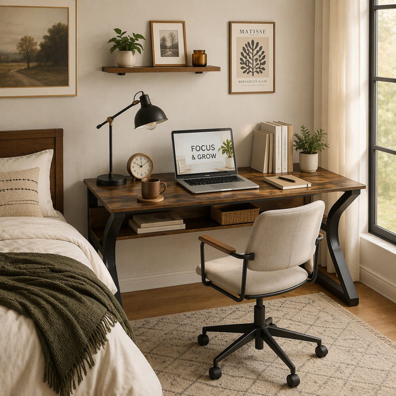 Bureau d'ordinateur de 47 po, bureau avec rangement, grand espace pour les jambes, table d'étude robuste en métal en forme de U, bureaux à domicile pour l'écriture de jeux vidéo, brun rustique