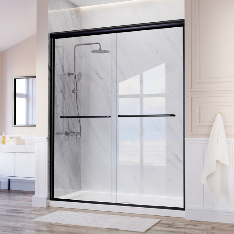 55" - 59'' W x 72'' H Double Sliding Door Semi-Frameless Shower Door With Two Towel Bars