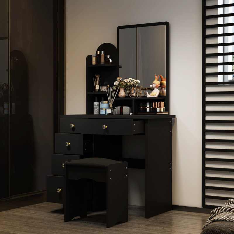 Ensemble de meuble-lavabo large 31,5 po avec tabouret et miroir Vitomir, Noir, Yes