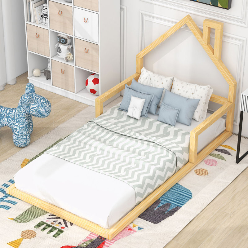 Wood Floor Bed with House-shaped Headboard, Natural, Twin