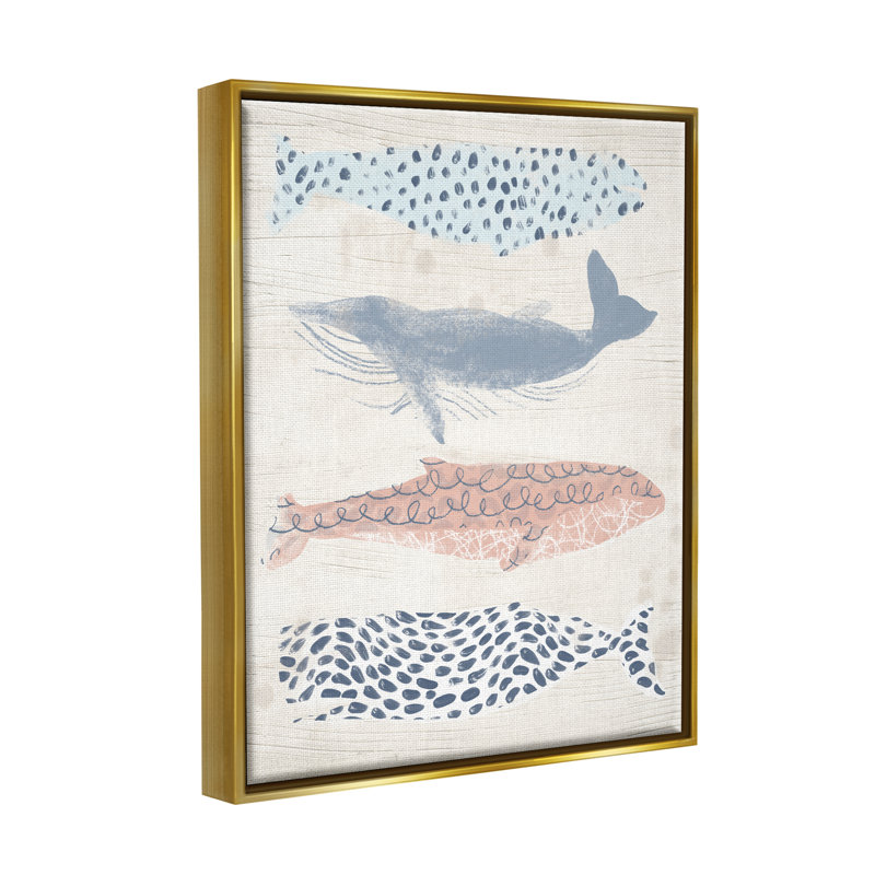 Baleines à motif maritime par June Erica Vess, Cadre flottant métallique doré, H 21 po x l 17 po x P 1,7 po
