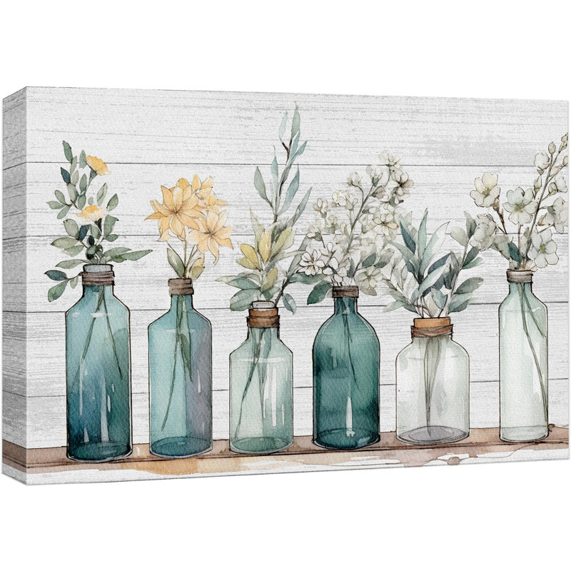 Fleurs de jardin en bouteille sur panneau en bois, Toile tendue, H 12 po x l 18 po x P 1,5 po