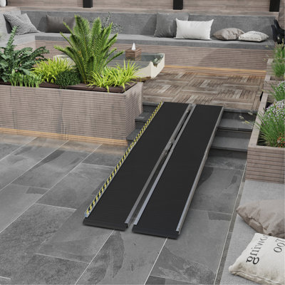 HOMCOM Wheelchair Ramp, 10FT Foldable Threshold Ramp, Aluminum Handicap Ramp With Non-Slip Surface, Transition Plates Above And Below For Home, Doorways, Steps, 600Lbs Capacity