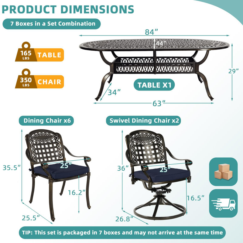 8 - Person Patio Dining Set with Oval Table , Cushions Included, Navy, 9 Pieces: Table, 6 Chairs, 2 Swivel Chairs 