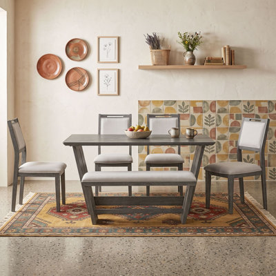 Dining Table Set with Four Upholstered Chairs and Bench