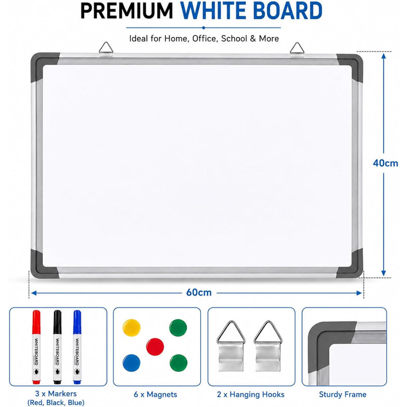60cm x 40cm Magnetic Wall Mounted Whiteboard with Pen Tray