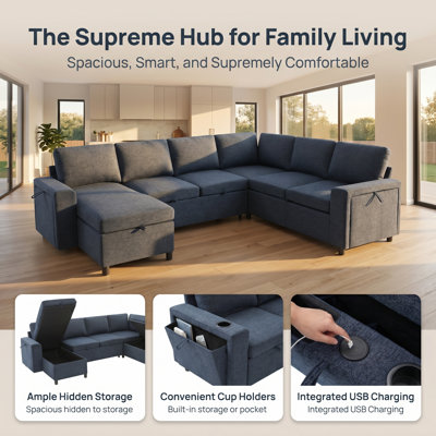 Canapé-lit modulaire convertible en forme de U avec rangement, chargeur USB et porte-gobelets, canapé-lit en chenille rembourré pour le salon, conception spacieuse à 7 places avec rangement caché