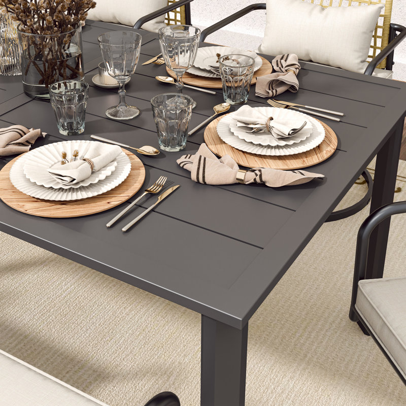 6 - Person Rectangular Outdoor Dining Set With Cushions, Beige Cushion/Black Table Top