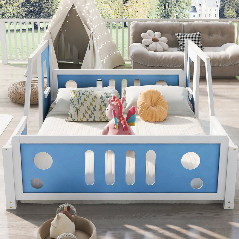 Lit plateforme classique avec roulettes en forme de voiture, Lit double, Blanc