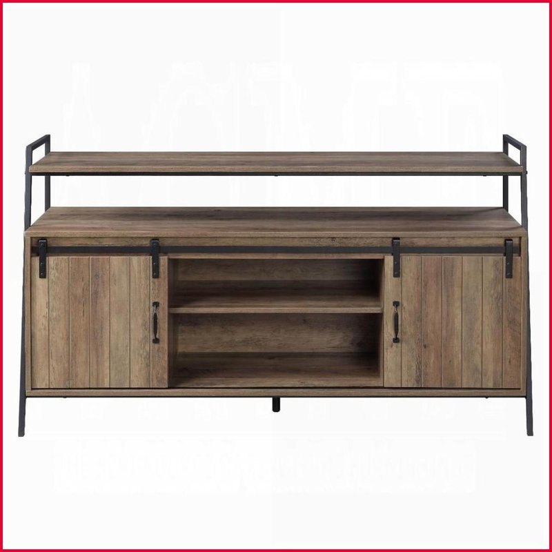 TV Stand, Rustic Oak &amp; Black Metal Frame with Sliding Barn Door | Fits 58-Inch TVs | Oak | TV Size Ranges 50-59 inches