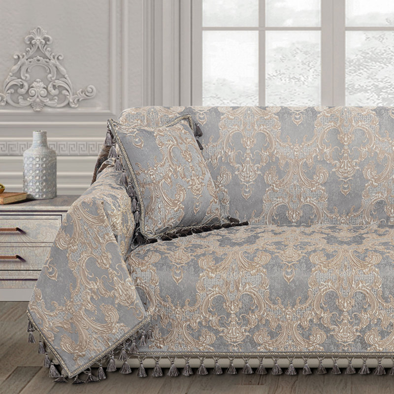 Housse pour canapé 1 pièce en jacquard avec pampilles, housse de protection pour canapé 71 po x 118 po, Gris clair