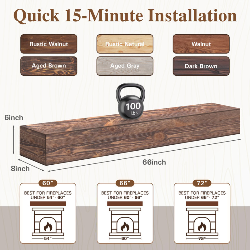 Fireplace Mantel, Dark Brown Wood, 66"