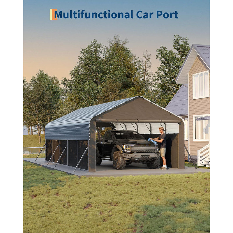 12x24 FT Metal Carport, Enclosed Shelter with Steel Frame & 220g Tarp for Trucks, 8.58' H x 15.25' W x 23.92' D