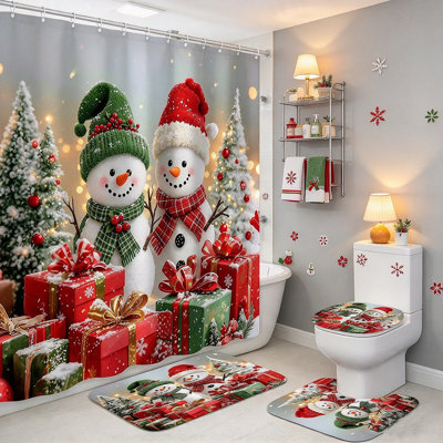 4PCS Merry Christmas Snowman Shower Curtain Set, Perfect Gift Choice, Holiday Bathroom Decor for Christmas Party