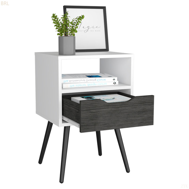 Table de chevet Fugaz, tablette ouverte, tiroir simple, Blanc / gris foncé
