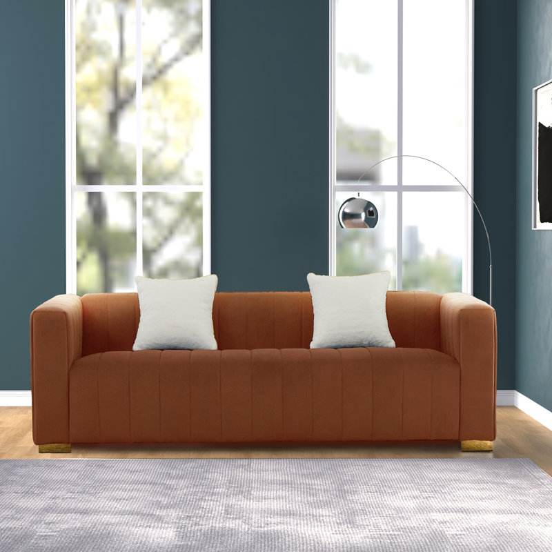 Canapé en velours de luxe 87 po avec 2 coussins Clifford, Doré, Brun