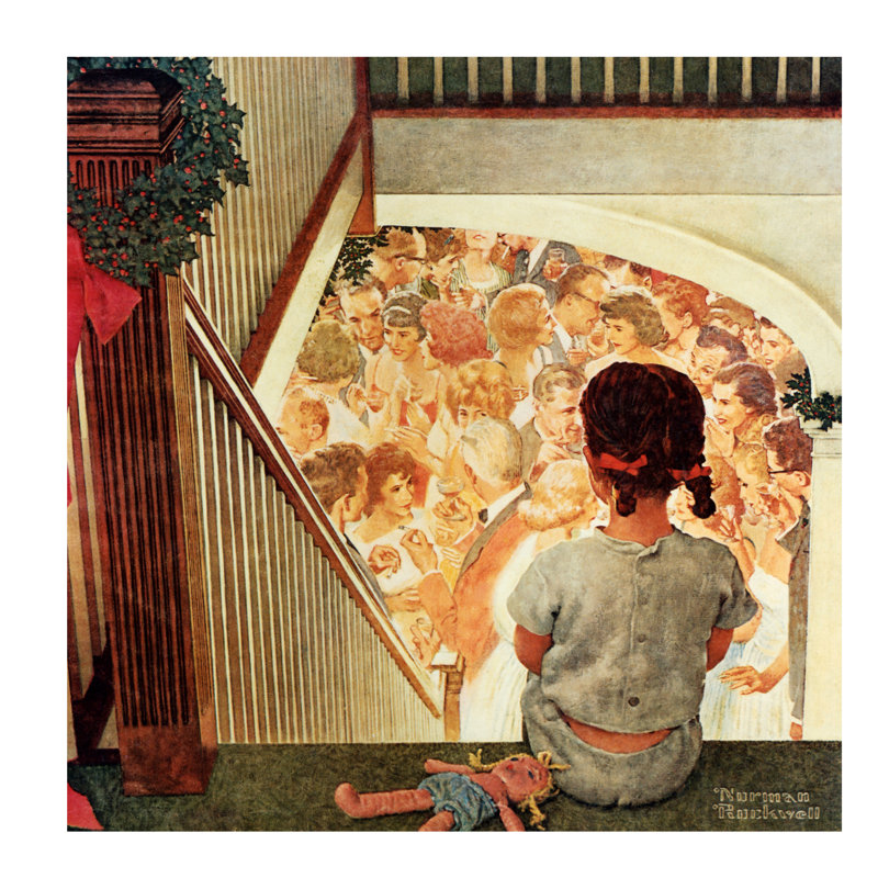 Little Girl Looking Downstairs At Christmas Party by Norman Rockwell - Wrapped Canvas Print