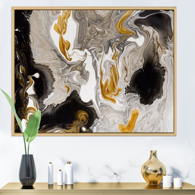 Or et vagues de marbre noir I - peinture sur toile, H 30 po x l 40 po, Cadre flottant, Érable