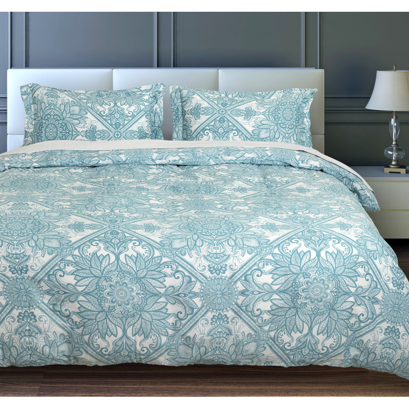  Ensemble de housse de couette en coton Casa Platino, Bleu sarcelle, Housse de couette simple + 1 taie décorative stan
