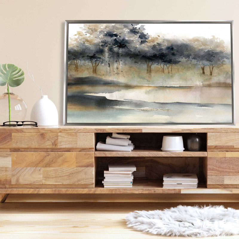 «Silent Waters I» par Carol Robinson - Peinture, L 33,5 po x H 21,5 po, Encadrement argenté