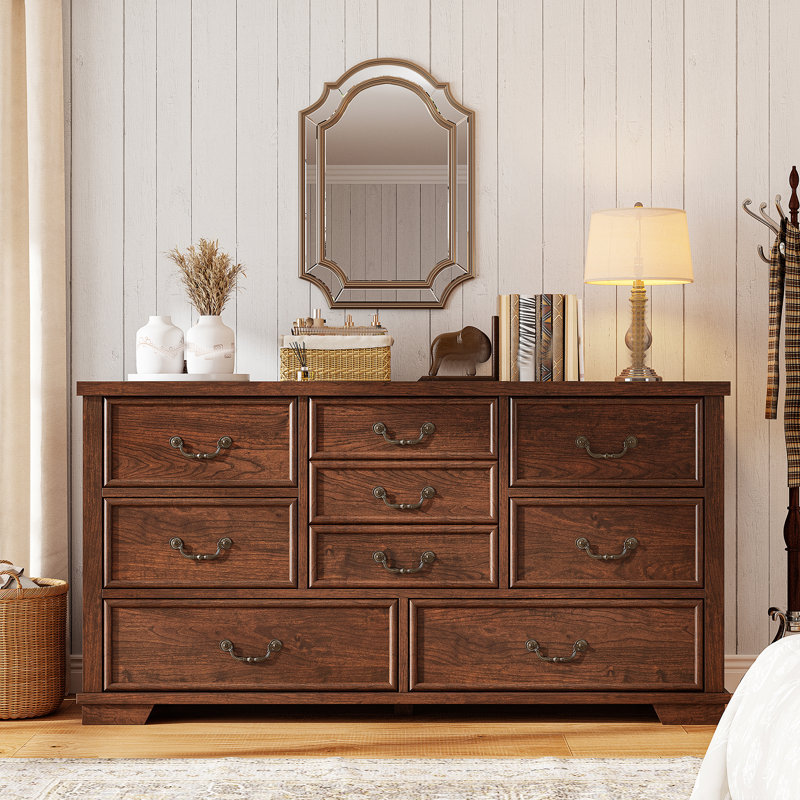 Dresser For Bedroom With 9 Drawers, Antique Brown