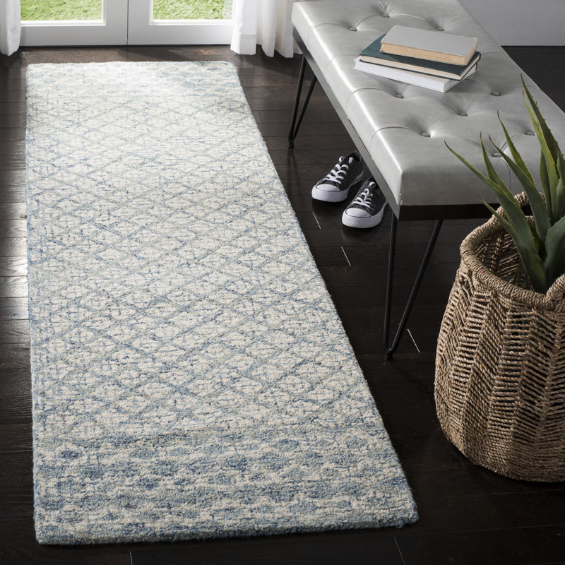 Tapis bleu en laine touffeté à la main Costin, Tapis de couloir 2 pi 3 po x 10 pi