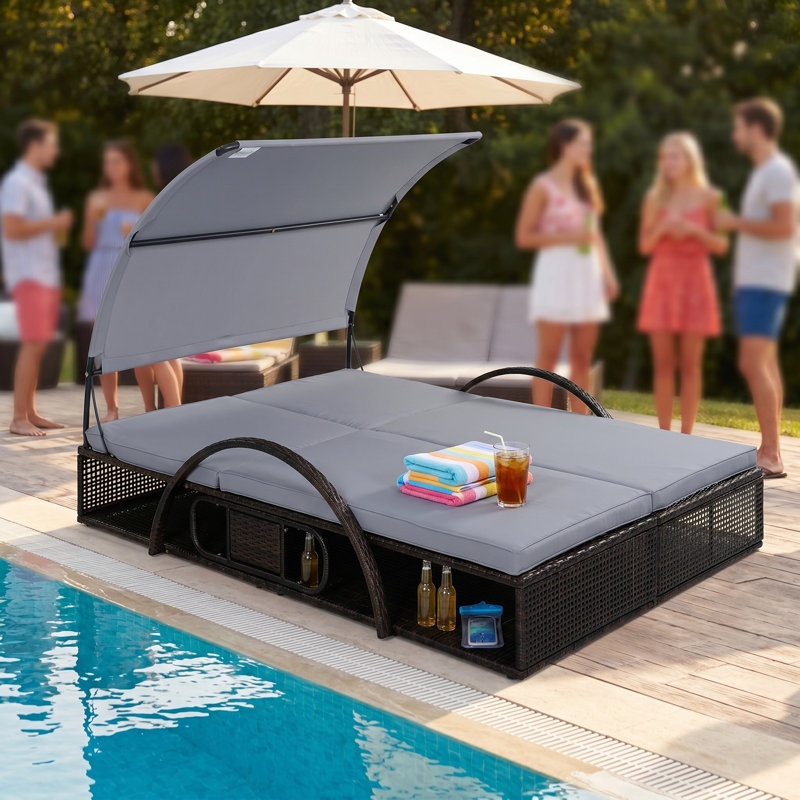 Double chaise longue d'extérieur à structure en acier - Lit de jour inclinable réglable à 5 positions avec auvent incurvé et table d'appoint cachée pour la piscine, la terrasse ou le jardin