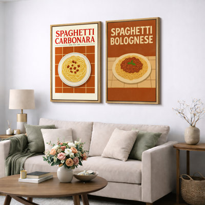 Italian Pasta Carbonara and Bolognese Kitchen Wall Decor Set - Pictures Framed Canvas Print 2 Pieces Wall Art