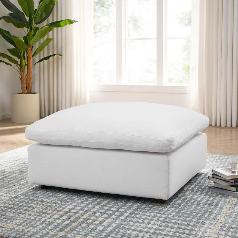 Pure White Down-Filled Overstuffed Ottoman with Linen Texture