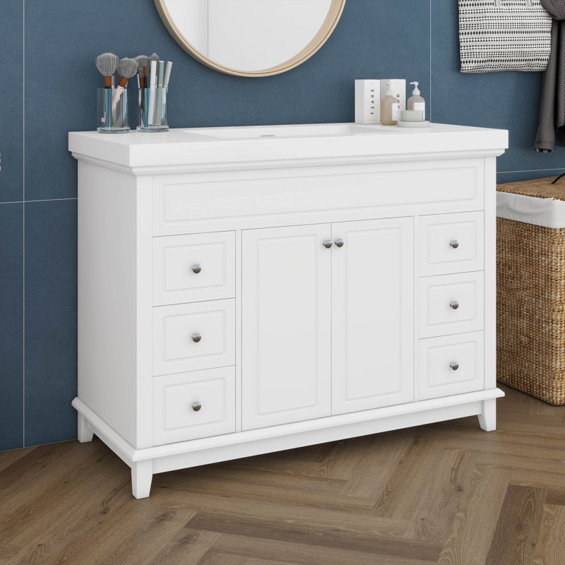Meuble-lavabo de 46 po sans lavabo, armoire de rangement de salle de bain avec 2 portes à fermeture douce et 6 tiroirs, portes doubles avec tablettes à 2 niveaux