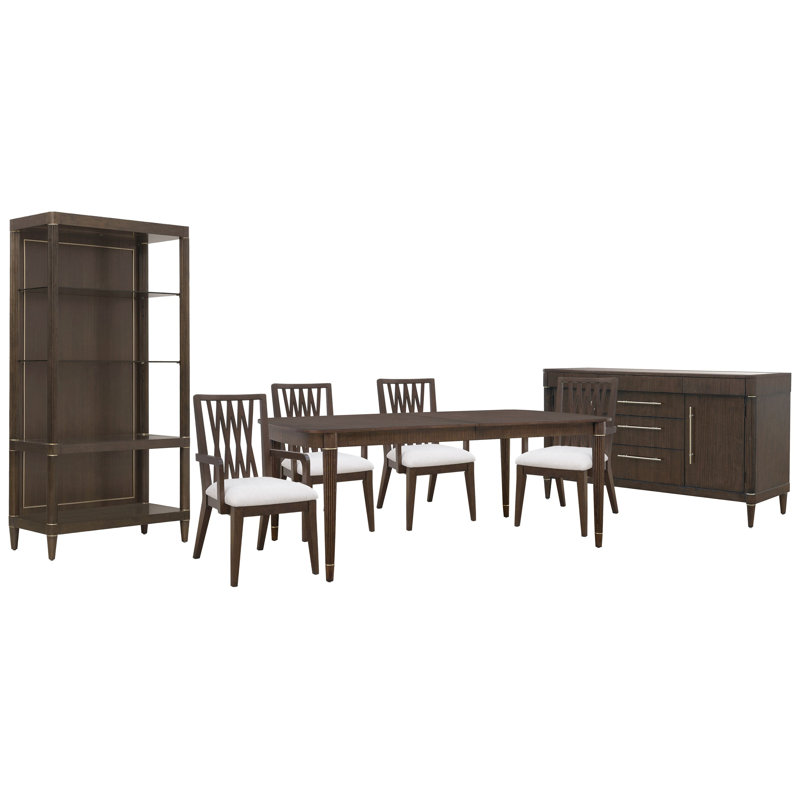 Table de salle à manger à pieds avec 4 fauteuils à dossier en bois et étagère, 7 pièces: table, 4 chaises, buffet, étagère