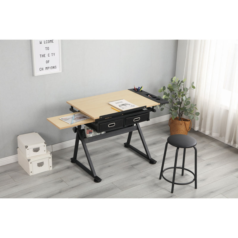 Bureau de dessin réglable avec 2 tiroirs pour bureau à domicile et école avec tabouret (bois), Chêne blanc