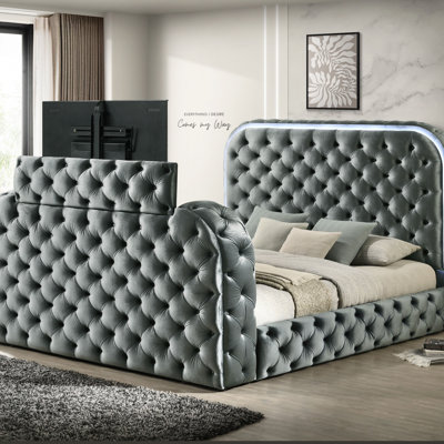 Upholstery Velvet Eastern King Bed W/LED, Fireplace & TV Stand by Everly Quinn