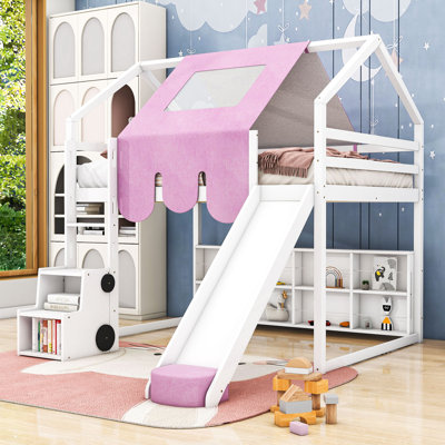 House-Shaped Wood Loft Bed With Slide, Ladder, And Shelves