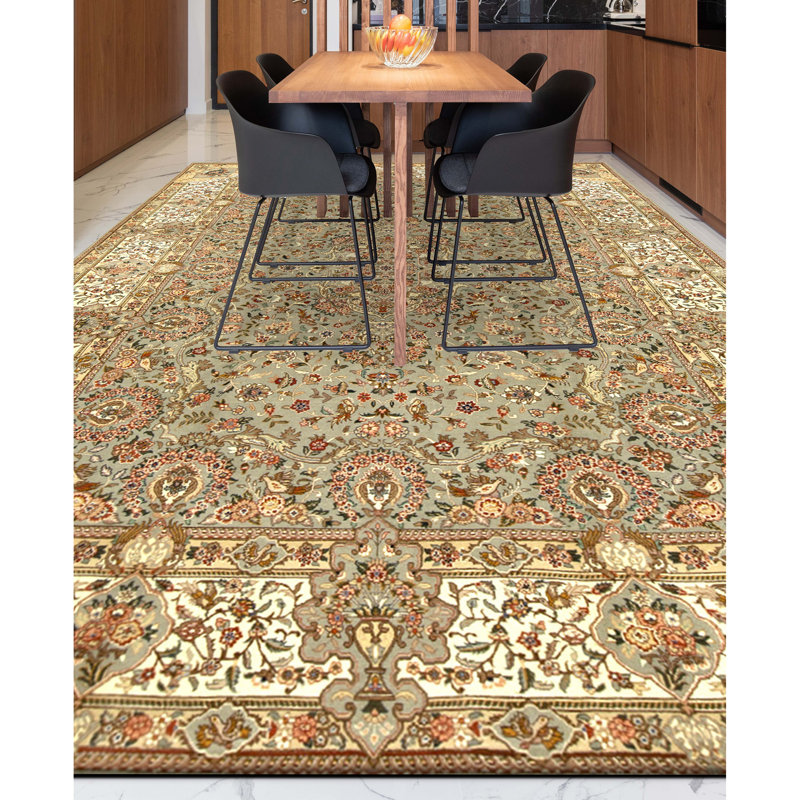 Hand Knotted Wool Oriental Area Rug in Green And Ivory