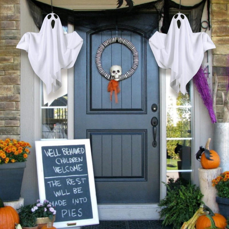 8 décorations de fantômes d'Halloween illuminées, fantômes volants suspendus blancs pour la cour avant, patio, pelouse, jardin, fête, nécessite des piles AA (non incluses)