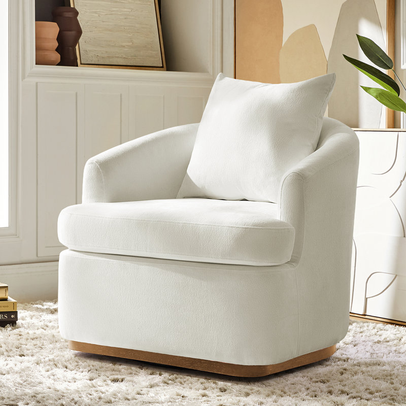 Berklie 31"W Modern Chenille Swivel Barrel Chair with Unique Arms and Solid Wood Legs, Ivory