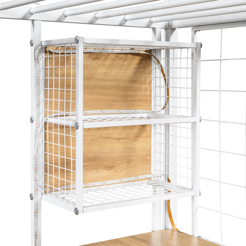 Lit mezzanine pour lit simple avec poste de travail à DEL, garde-robe et escalier de rangement, structure en métal, garde-robe blanche, escalier, escalier
