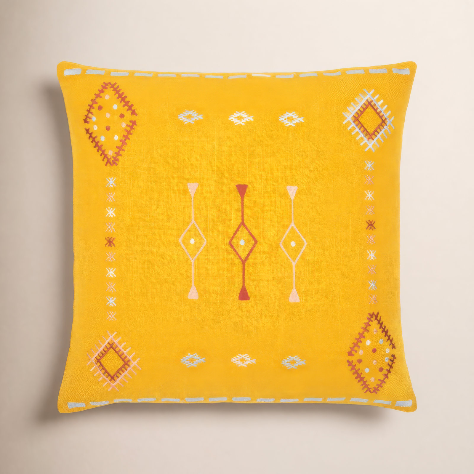 Gwyn Embroidered Cotton Pillow Cover, Mustard/Dusty Pink/Pale Blue, 22" x 22"