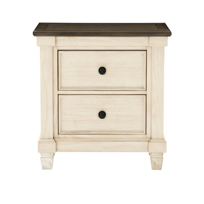 Table de chevet de style transitionnel à 2 tiroirs de couleur blanc antique et brun rosé