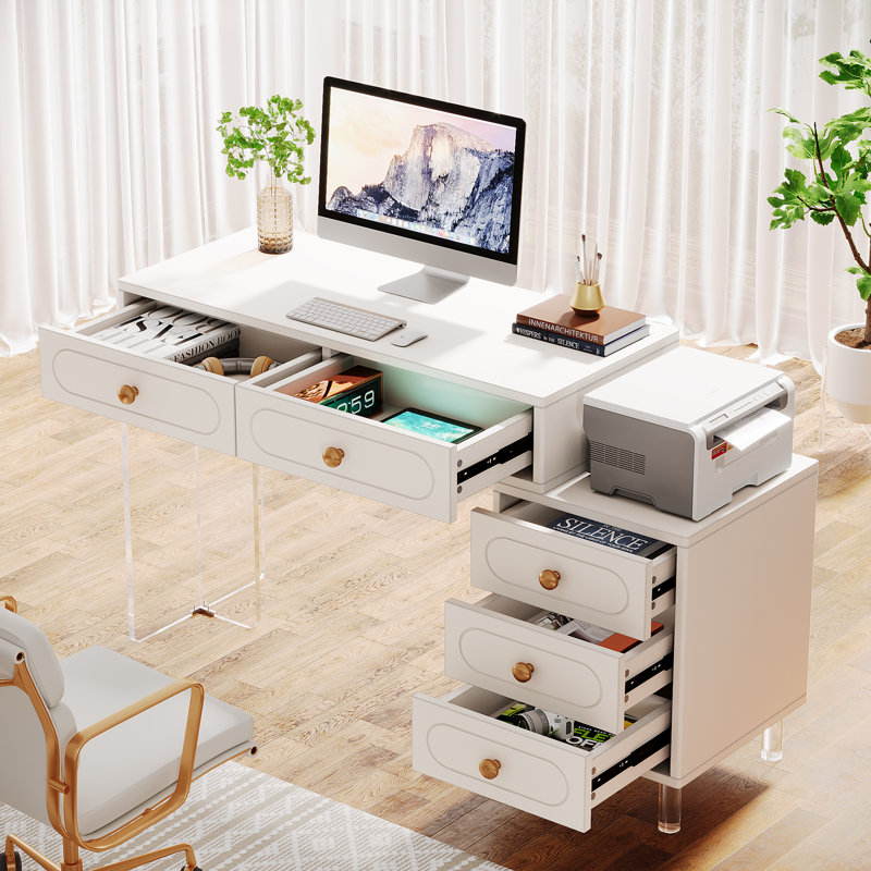 Kevonne Retractable Rectangle Computer Desk with 5 Drawers