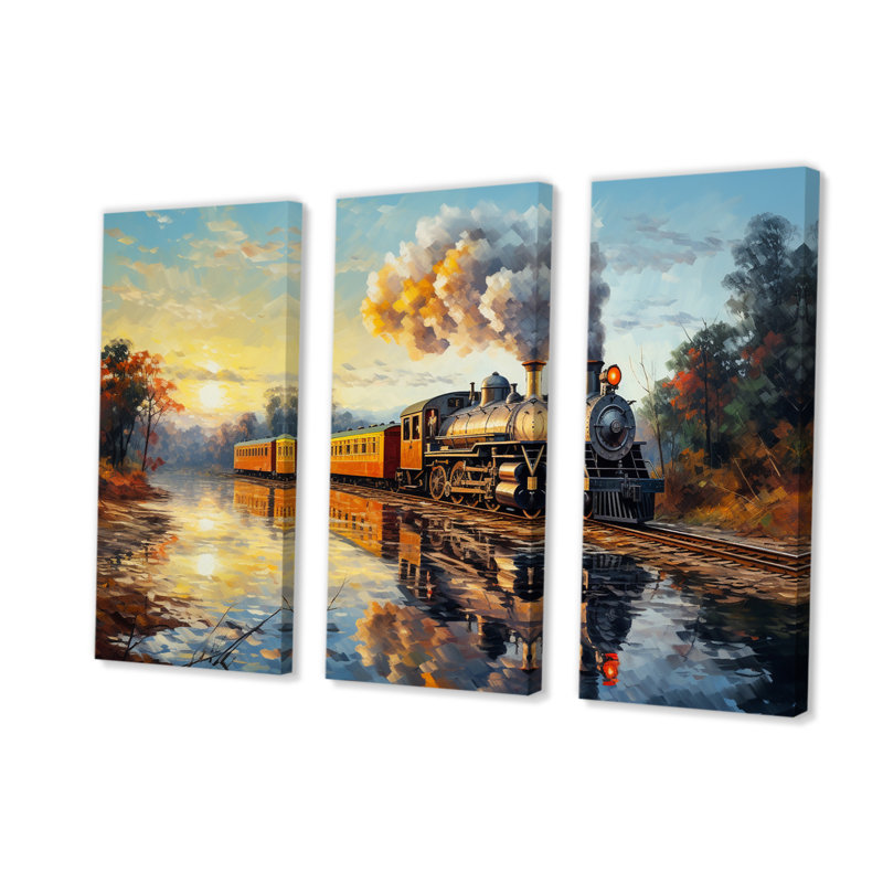 " Steamtrain Travelling In The Sunset Painting " 3 - Pieces, 28" H x 36" W x 1" D